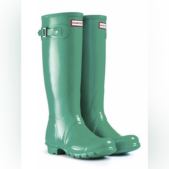 HUNTER ORIGINAL TALL GLOSS RAIN BOOTS, JADE SIZE 7/8 - Picture 1 of 10